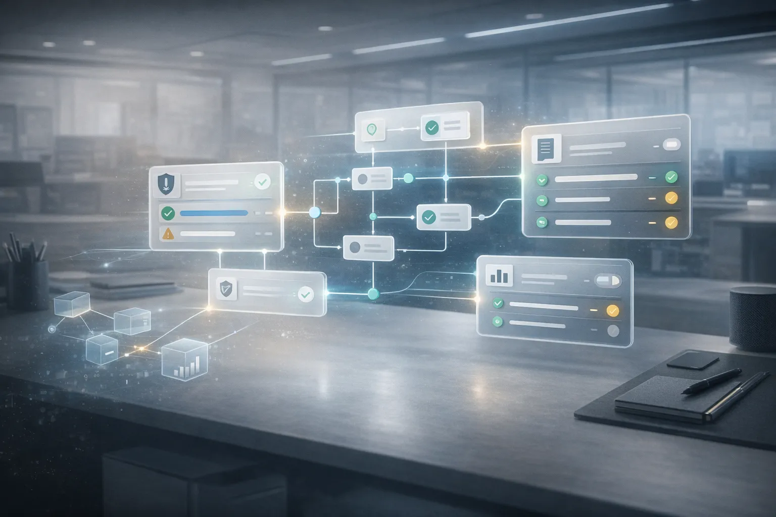 Modular workflow cards connected across compliance and reporting processes