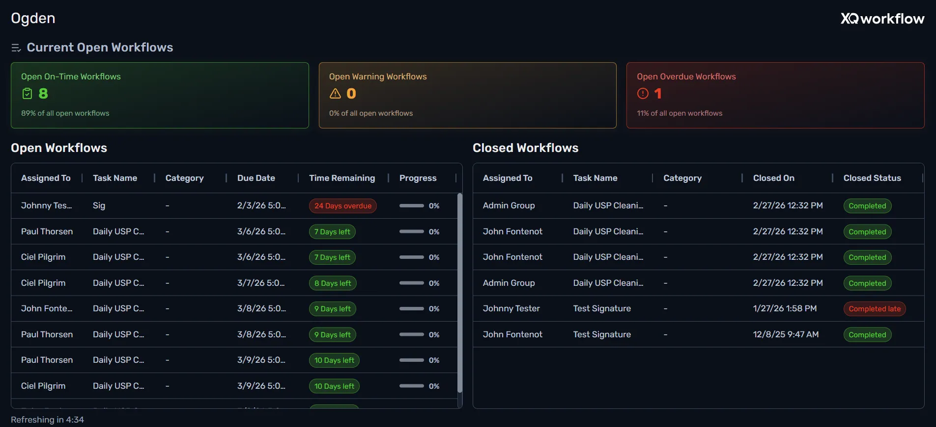 XQworkflow taskboard showing open and closed workflows for a location
